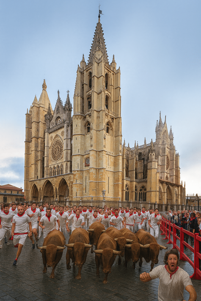 Imagen de la Catedral de León con Toros y corredores. (Cazurreo)